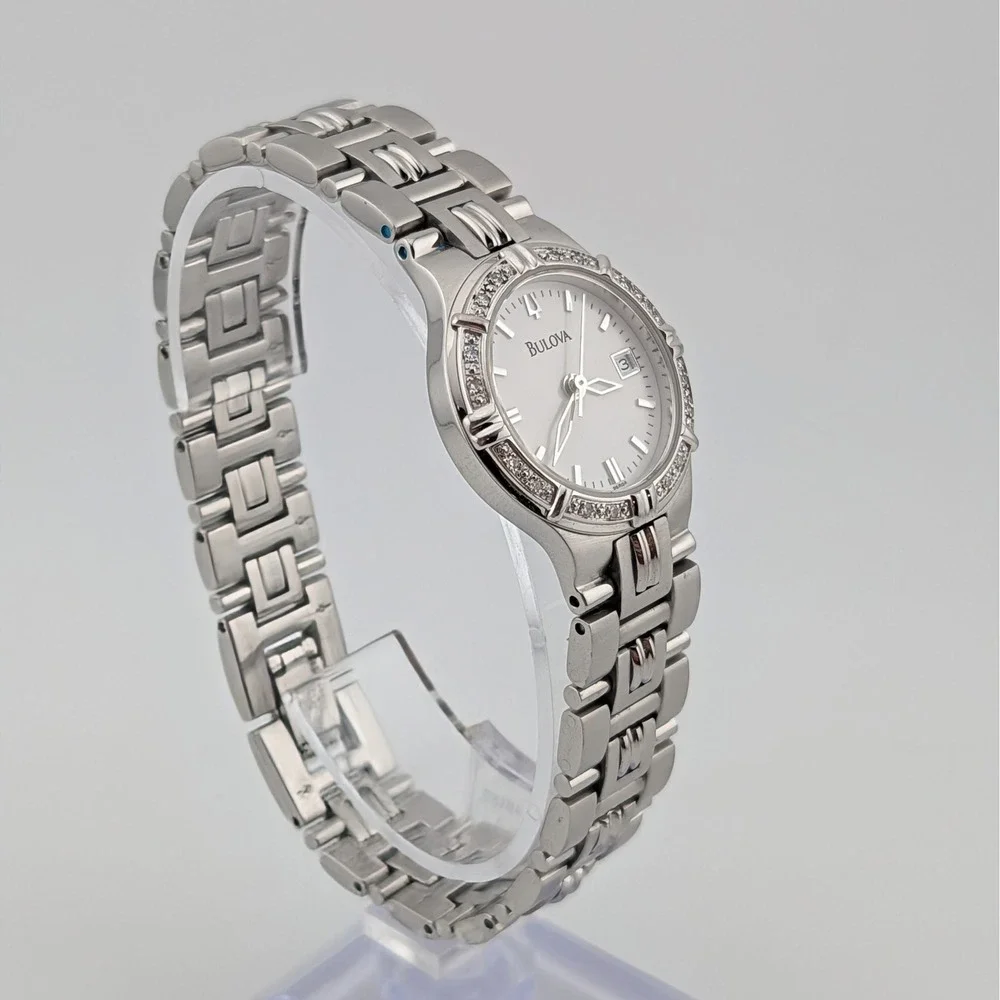 Bulova 96R04 Women's Diamond Watch White Pearlized Dial SS Date 25mm 7.25